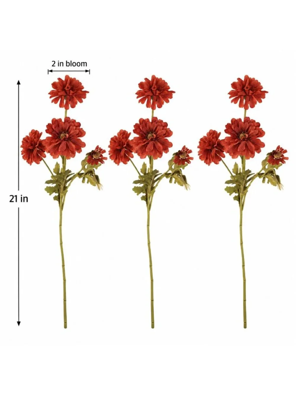 Rust Red Artificial Mum Stems Set of 3 21 Inch Faux Chrysanthemum Flowers Fall T